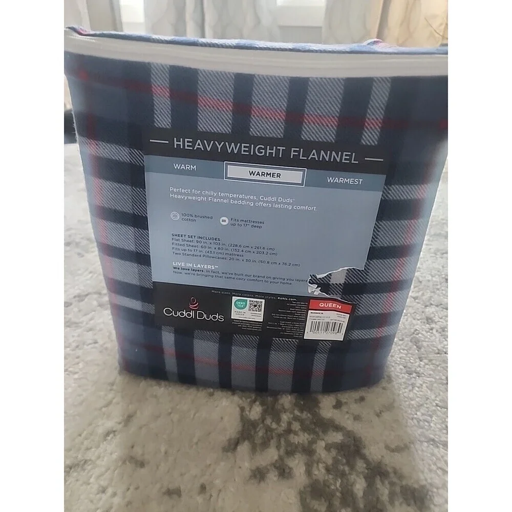 Cuddl Duds Queen Heavyweight Flannel Sheet Set Blue Plaid Soft Brushed Cotton